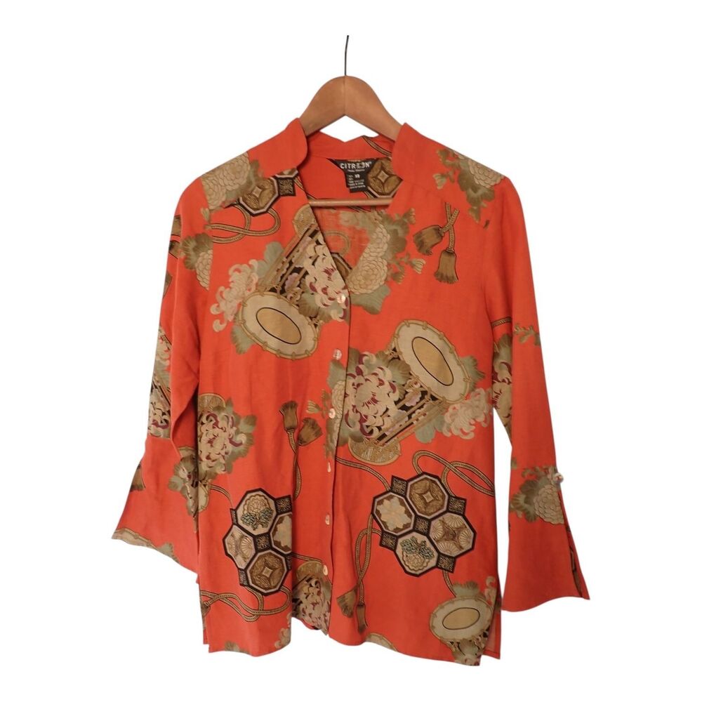 Vintage Citron Silk Linen Blouse XS Orange Floral Button 3/4 Bell Sleeve Shirt